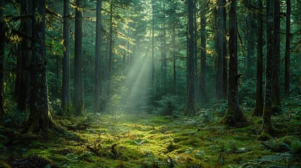 Fototapeta premium Sunlight streaming through trees in lush forest nature photography serene green environment peaceful view