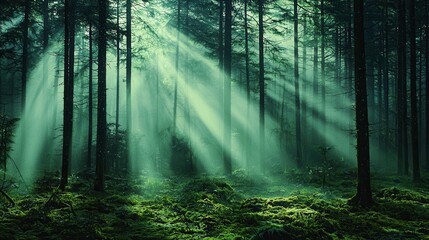 Fototapeta premium Sunlight streaming through trees in lush forest nature photography tranquil environment serene viewpoint