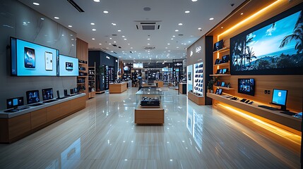 Modern electronics store interior showcasing displays
