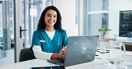 Happy woman, portrait or nurse with laptop for medical research, planning or diagnosis at hospital....