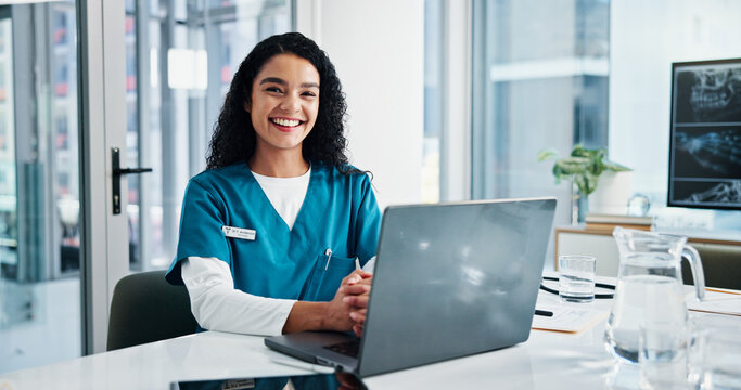 Happy woman, portrait or nurse with laptop for medical research, planning or diagnosis at hospital. Email, female person or healthcare worker with smile, computer or assistance for health development