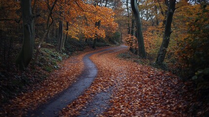 Obraz premium Autumn stroll on a leaf-covered path forest scenic landscape tranquil environment low angle view nature's beauty