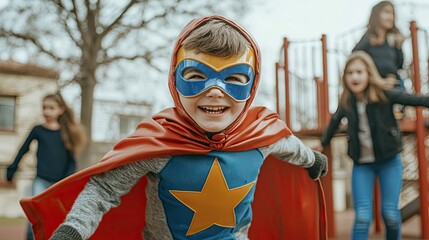 Obraz premium Happy boy in superhero costume playing with friends at playground.