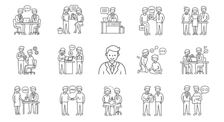 Series of illustrations depicting various business interactions and teamwork scenarios