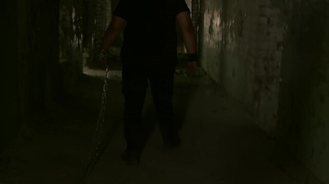 Gloomy atmosphere surrounds a man dragging heavy chains as he walks through a decaying, abandoned building, creating a haunting image of despair and captivity