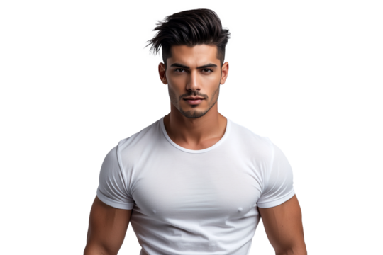 A Hispanic male model with messy quiff hairstyle in basic tee