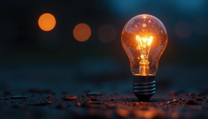 Glowing light bulb on the ground with warm bokeh background in Earth Hour.