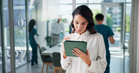 Doctor, tablet and telehealth with woman in hospital for insurance, medical or virtual consulting....