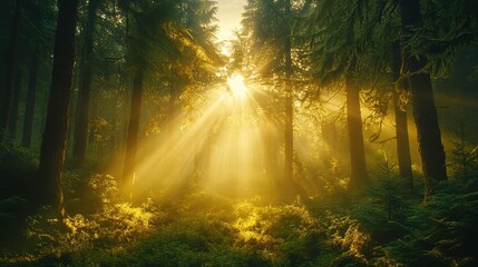 Obraz premium Sunlight filtering through trees enchanted forest nature photography tranquil environment serene viewpoint