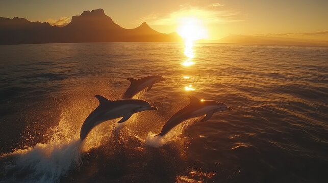Three dolphins jump out of the sea at sunset with a mountain on background. Perfect to ilustrate freedom, travel, or wildlife conservation projects.
