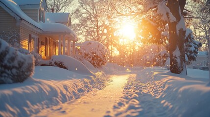A house covered in snow, with warm light shining through the windows 