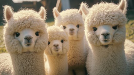 Four fluffy alpacas in sunlit pasture gathering for a curious pose