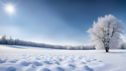 A solitary, frost-covered tree stands a snow-covered field under a bright winter sun.