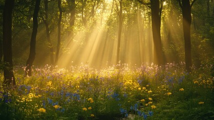 Obraz premium Sunlight filtering through trees enchanted forest nature photography serene environment captivating viewpoint