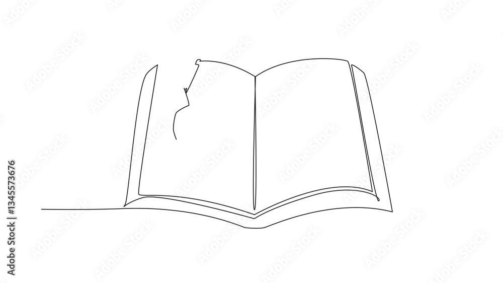 Poster self drawing animation of continuous one line drawing boy hanging in the middle of an open large boo