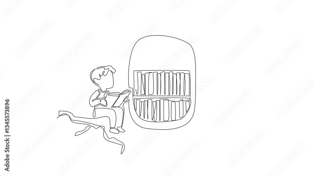 Poster self drawing animation of continuous one line drawing a boy sit on big tree branch. really enjoy rea