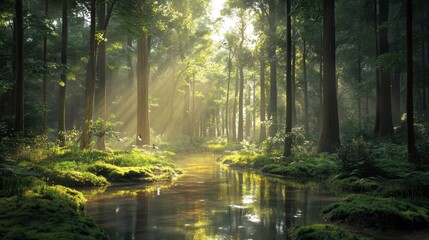 Obraz premium Sunlight filtering through trees over a serene stream in a lush forest landscape nature photography tranquil environment