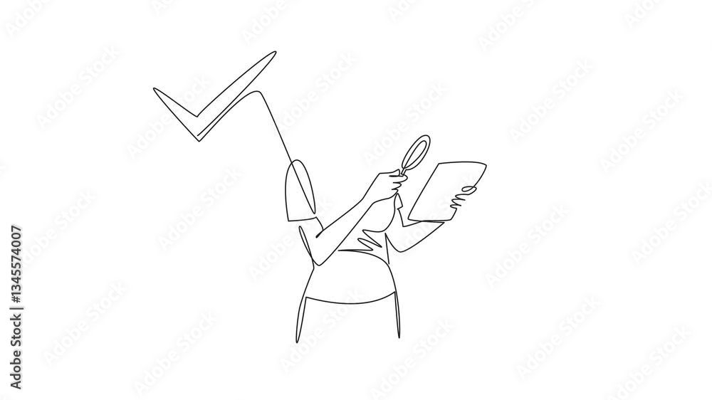 Aufkleber self drawing animation of continuous one line drawing a woman points a magnifier at a held tab. read