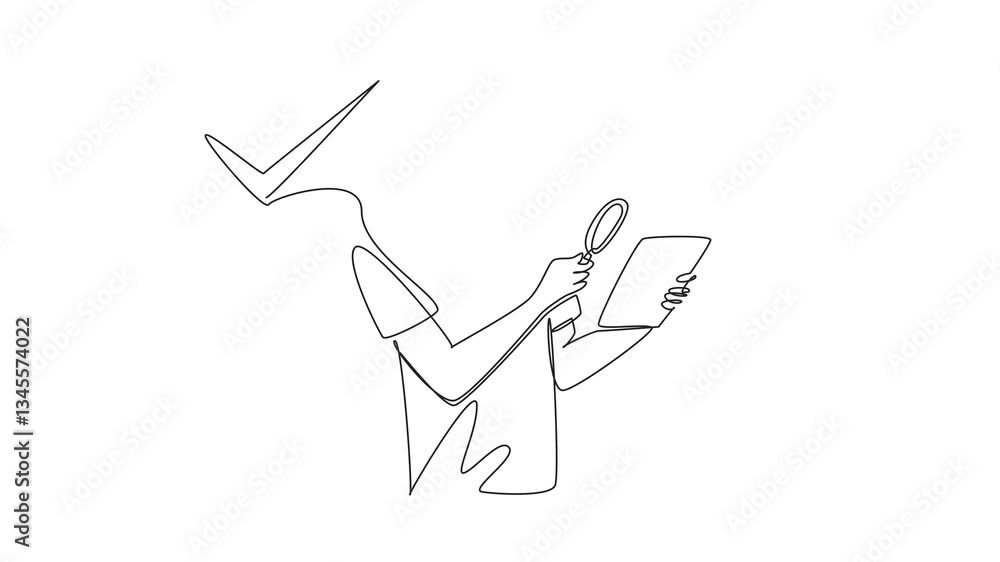 Poster animated self drawing of continuous one line drawing a man points a magnifier at a tab he is holding