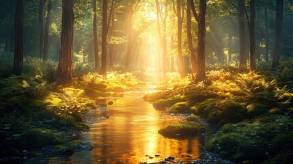 Obraz premium Captivating sunrise over a serene stream in lush forest nature photography tranquil environment peaceful view