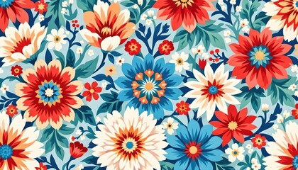 Vibrant Floral Pattern Design Red Blue Flowers Textile Print