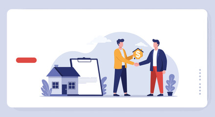 Two men exchanging money and documents in a real estate transaction scene