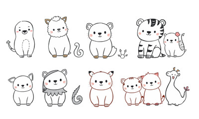 Cute animal doodles featuring variety of adorable creatures, including cats, tigers, and other playful designs. These charming illustrations evoke joy and creativity