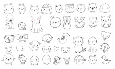 Cute animal doodles featuring variety of adorable creatures, including cats, dogs, bears, and more, all illustrated charming black and white style. These whimsical designs evoke joy and
