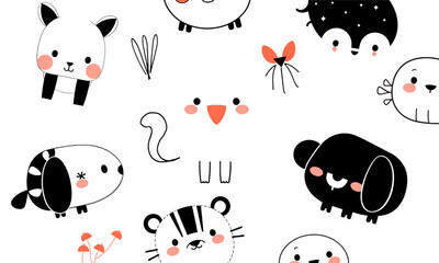 Cute animal doodles featuring various adorable creatures like bear, rabbit, and more, all illustrated in playful style. These charming designs evoke joy and creativity