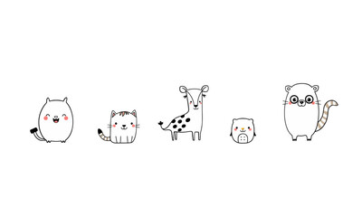 Cute animal doodles featuring cat, giraffe, owl, and raccoon, all with cheerful expressions. These whimsical illustrations are perfect for children decor or playful designs