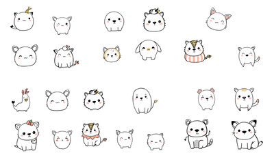 Cute animal doodles featuring various adorable creatures with charming expressions and playful designs. These illustrations include cats, dogs, and other whimsical animals, perfect for adding