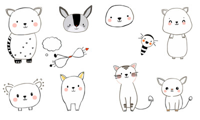 Cute animal doodles featuring variety of adorable creatures, including cat, rabbit, and raccoon, all with charming expressions and playful designs. Perfect for children art or fun illustrations