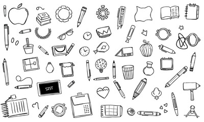 Hand drawn school supplies and stationery items, including pencils, notebooks, clocks, and various educational tools, create vibrant back to school theme. This collection evokes creativity and