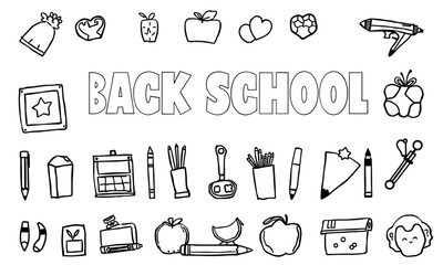 Back to school themed illustrations featuring various school supplies, fruits, and playful doodles, creating fun and engaging atmosphere for students. Perfect for educational materials