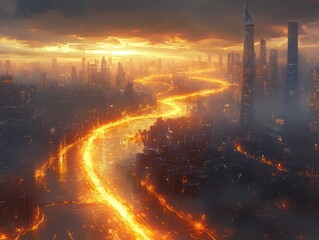 Futuristic city fiery river sunset landscape, concept art