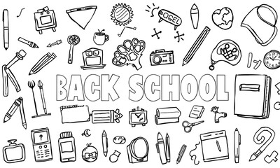 Back to school theme with hand drawn illustrations of school supplies, including pens, notebooks, and various educational items, creating vibrant and engaging atmosphere