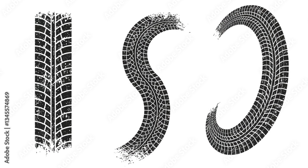 Poster tire tread pattern evolving from vertical to curved shapes in design illustration