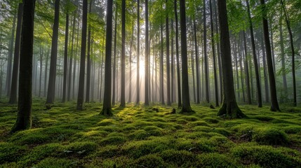 Obraz premium Sunlight breaking through trees tranquil forest nature photography lush green environment serene viewpoint