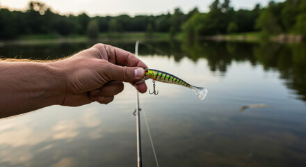 Angler holding fishing lure close-up while preparing to cast line into calm lake water
