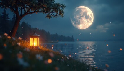 Lantern glowing by a lakeside under a full moon, symbolizing Earth Hour and tranquility.