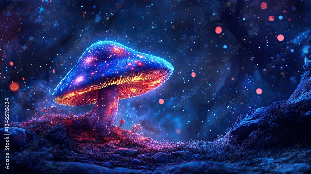 Poster a magical mushroom with sparkles around it, creating an enchanted atmosphere
