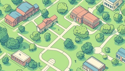 Isometric illustration of a college campus with buildings and trees.