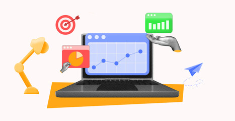halftone collage, Data analytics and digital marketing with charts, graphs. SEO, business growth, and performance tracking strategies