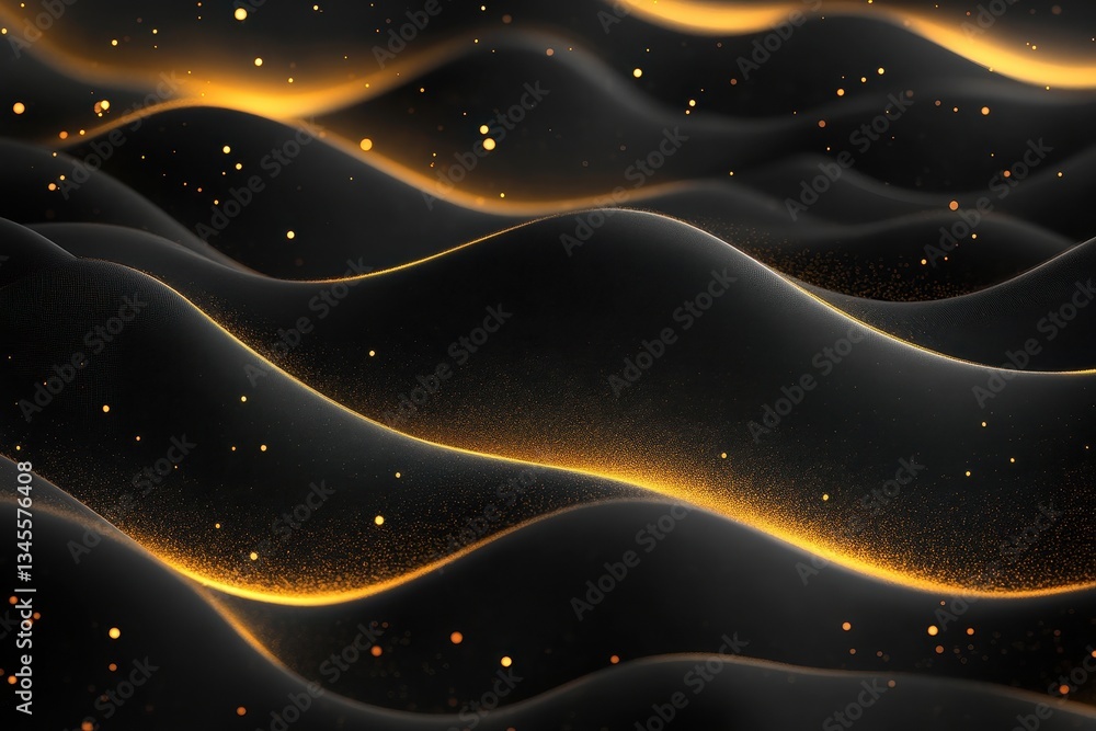 Poster dark waves glitter with gold lines and floating dots of light. use this abstract for a luxury look, 