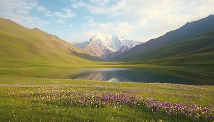 Mountain lake for wildflowers, serene landscape.