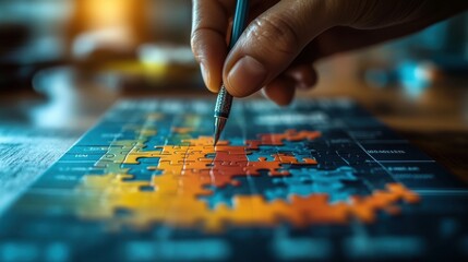 Naklejka premium planning strategy and analyzing marketing data for finding business solution assembling charts and graphs jigsaw puzzle