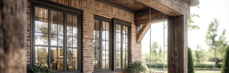 Modern Farmhouse Design: Rustic Charm meets Contemporary Style with Textured Wood Beams, Exposed Brick Accents, Oversized Windows, and Cozy Front Porch. Ideal for Design, Home Decor, and Real Estate