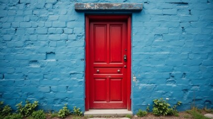 old red door with blue brick wall