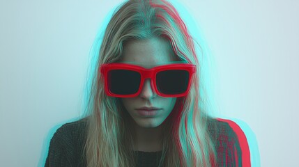 A Caucasian blonde woman wearing large red glasses. Anaglyph. Blond girl portrait with glitch effect