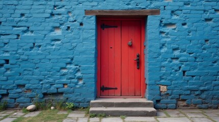 old red door with blue brick wall